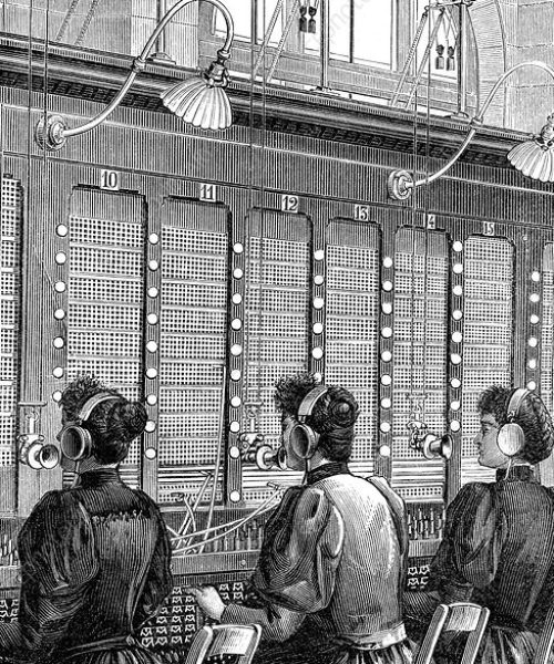 19th Century telephone exchange. 1895 illustration of women working in a telephone exchange.